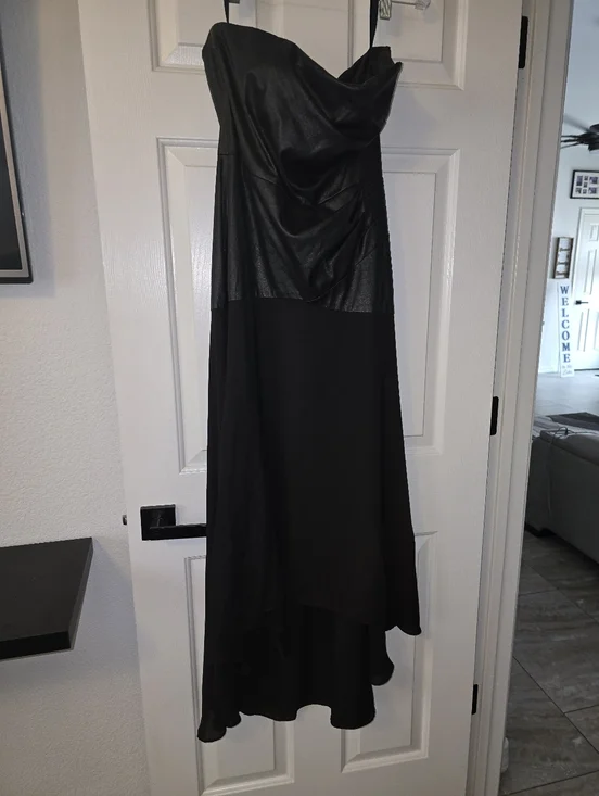 Shoshana Strapless Black Faux-Leather Bodice Asymmetric Midi Dress Sz 10 - Picture 7 of 12